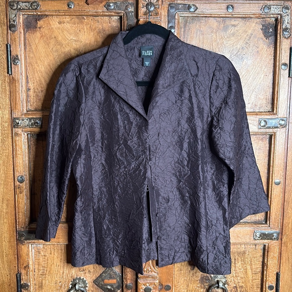 Eileen Fisher 100% Silk Crinkle Crushed Brown Jacket Button Lightweight Sz XS